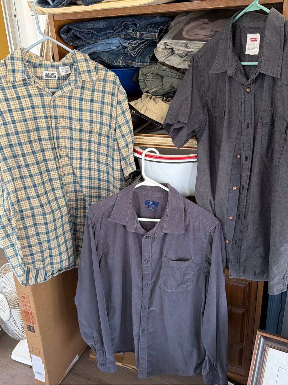 Lot of 3 Men’s L Button up Shirts George LS Corduroy, Levi’s Black SS + Vintage